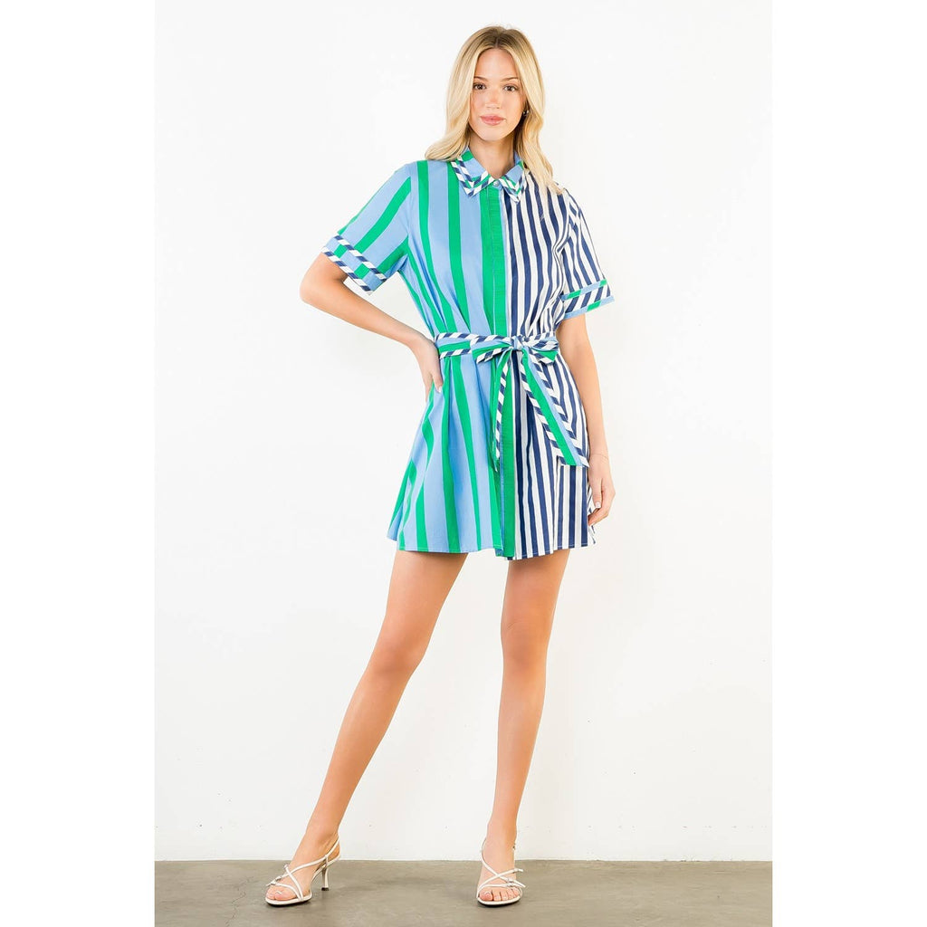Short Sleeve Collared Striped Dress