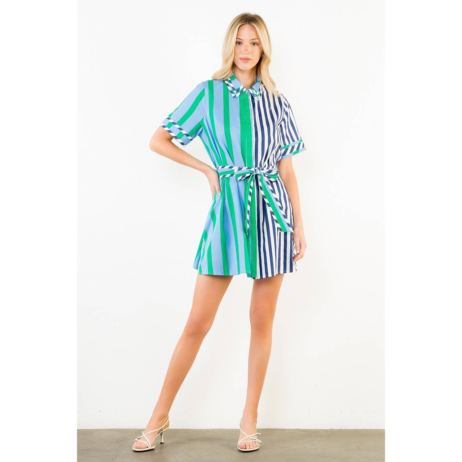 Short Sleeve Collared Striped Dress