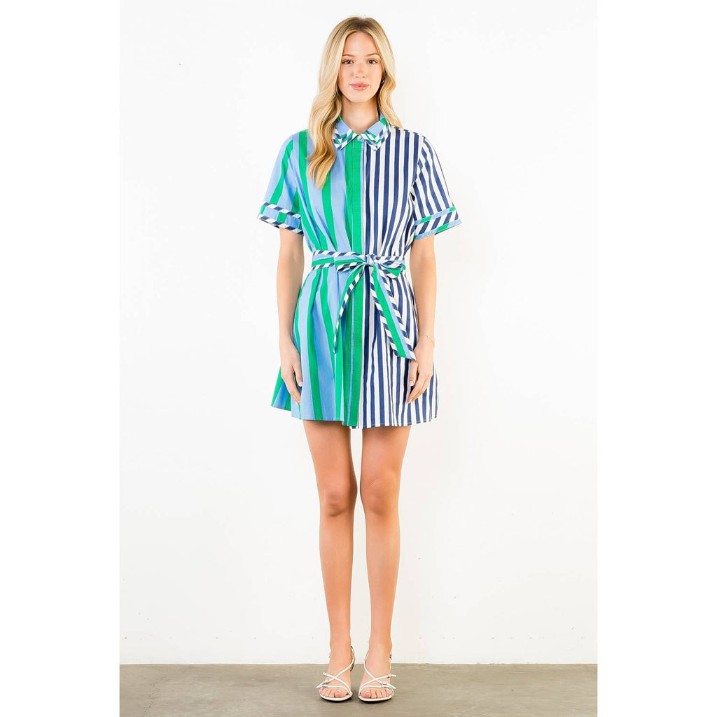 Short Sleeve Collared Striped Dress