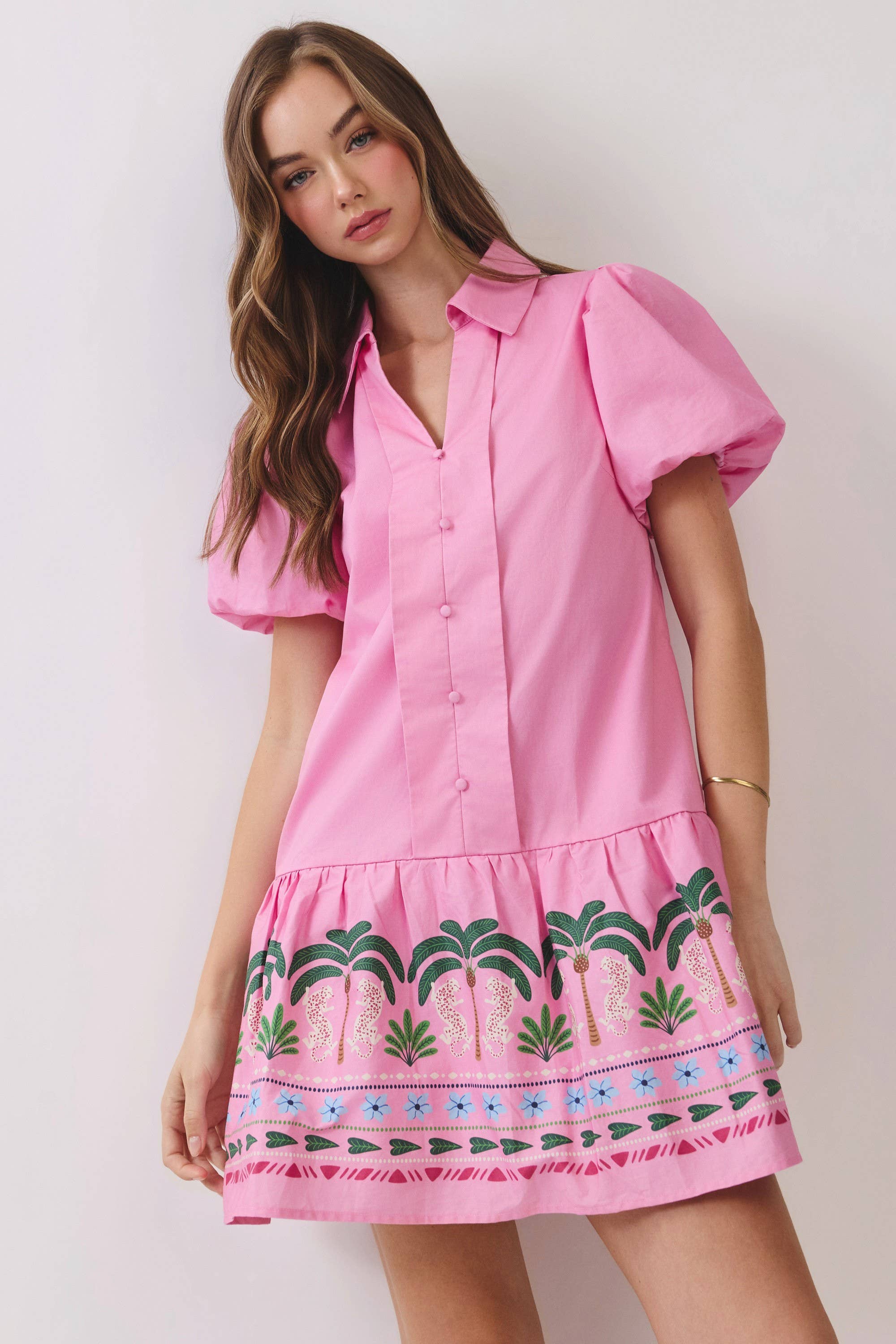CD07149-Tropical Border Puff Sleeve Mini Dress