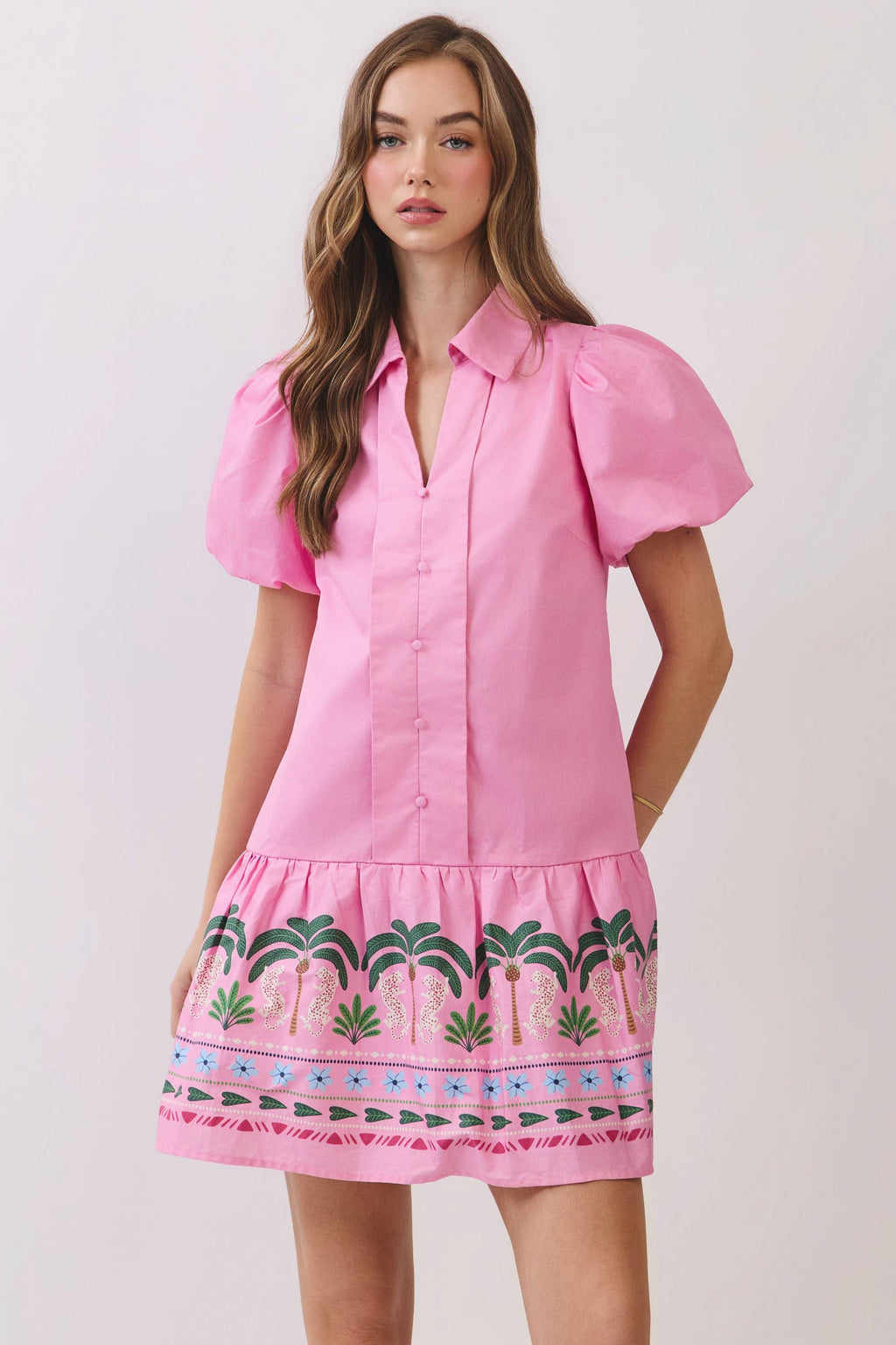 CD07149-Tropical Border Puff Sleeve Mini Dress