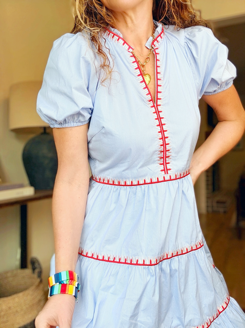 Blue Dress with Red Trim