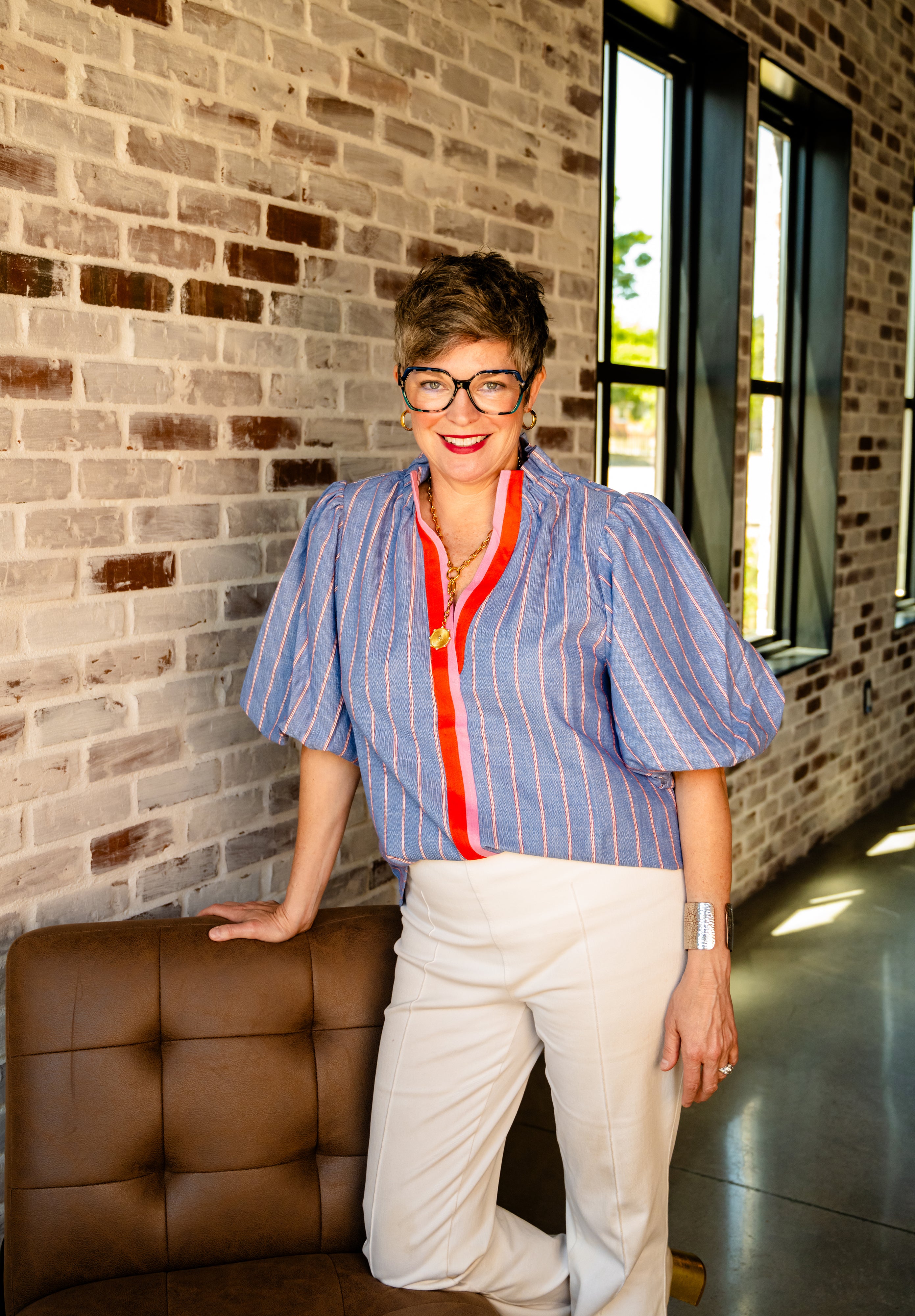 Bubble Sleeve Blue Red Stripe Top