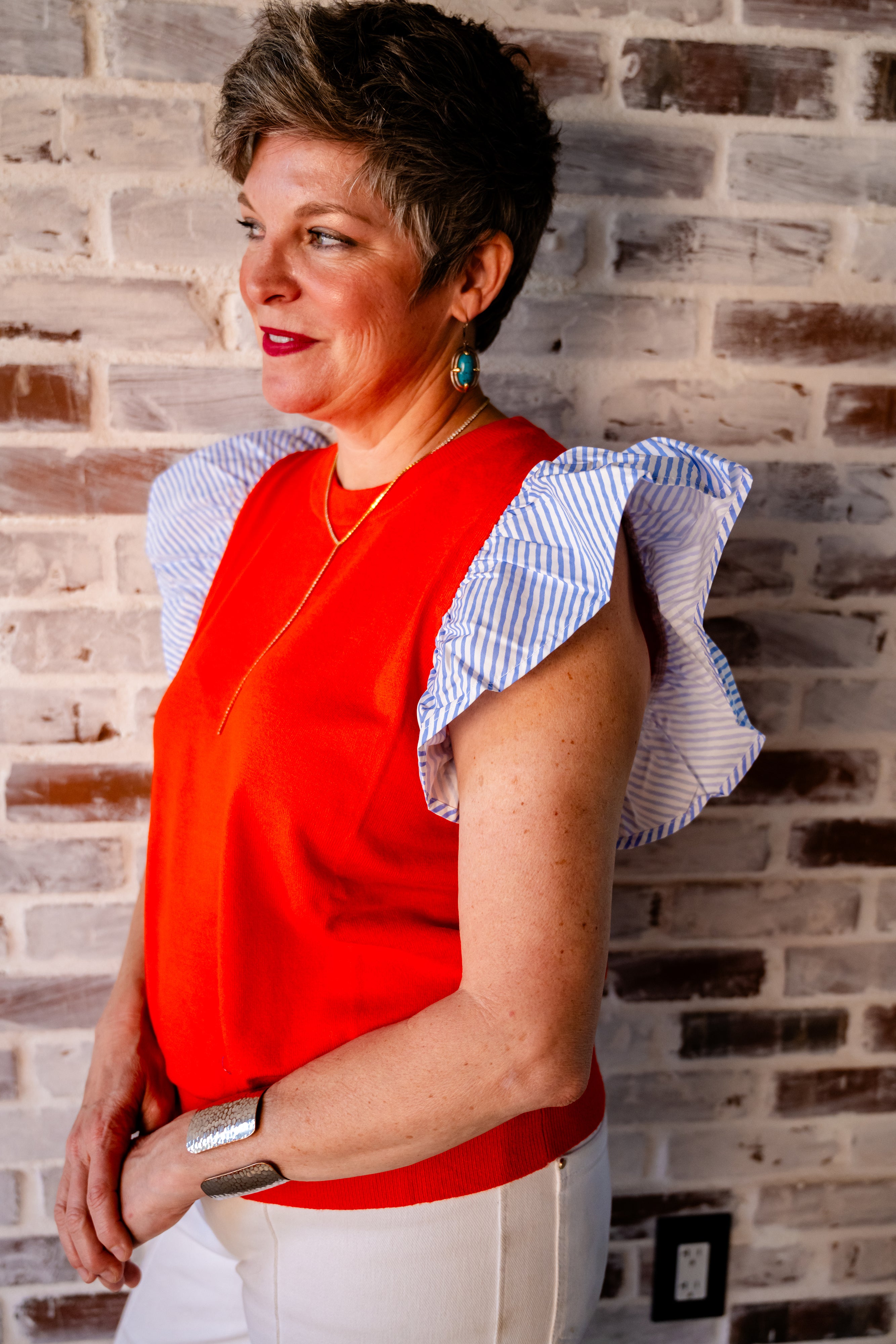Short Sleeve Top with Stripe Sleeves
