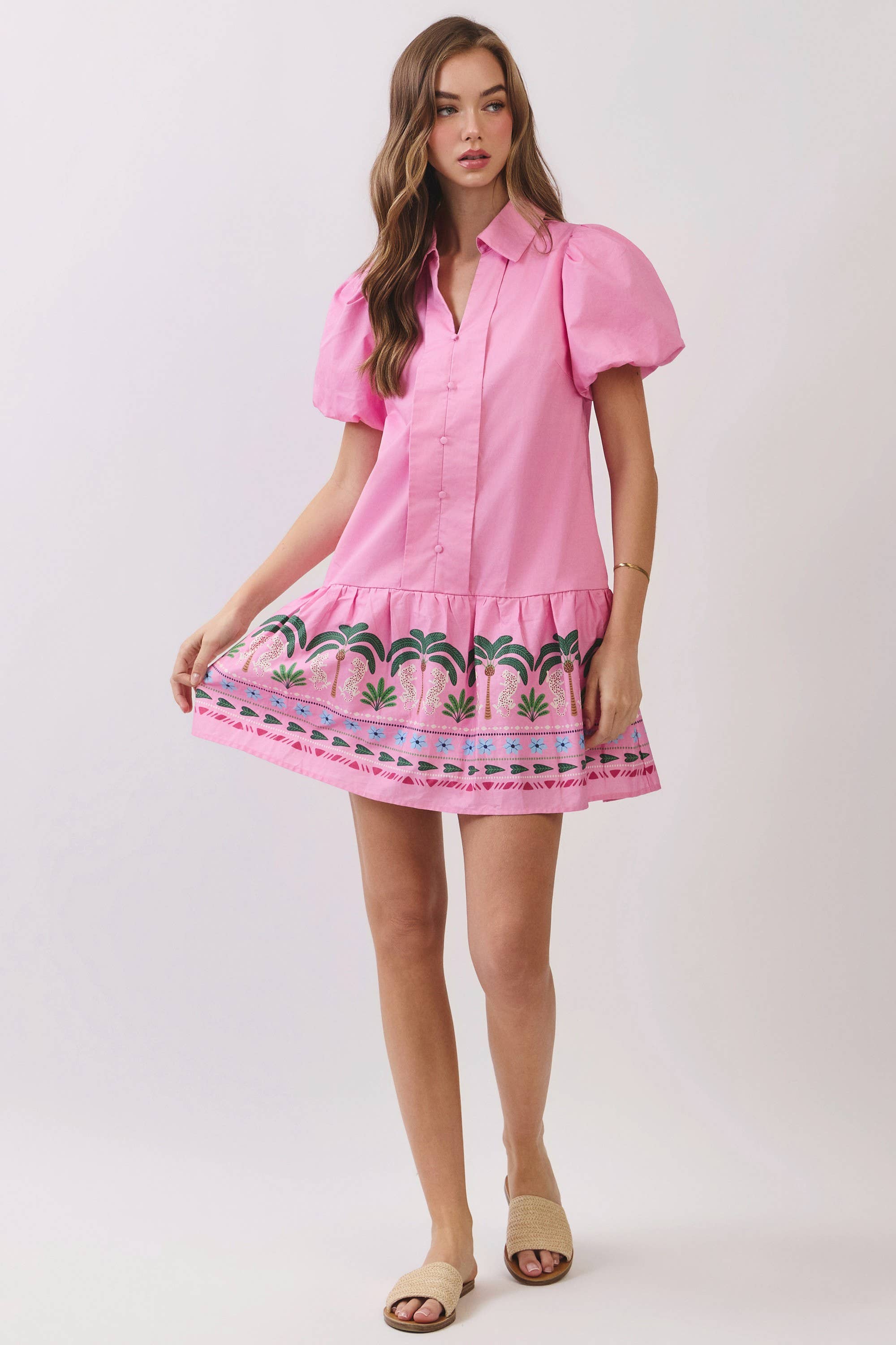 CD07149-Tropical Border Puff Sleeve Mini Dress